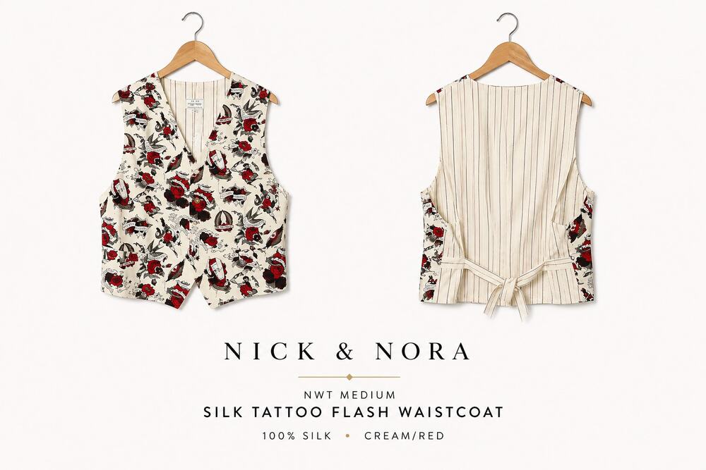 Nick & Nora NWT Medium 100% Silk Tattoo Flash Waistcoat Roses Pin Up Vest